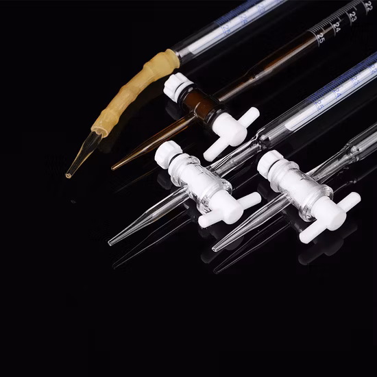 Bureta volumétrica de vidrio transparente con llave de paso de PTFE para valoración de ácidos básicos